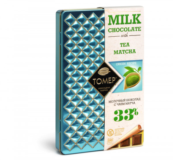 №1 Фабрика Томер металлический бокс Молочный шоколад с чаем МАТЧА ,33%  90г в Минеральных Водах