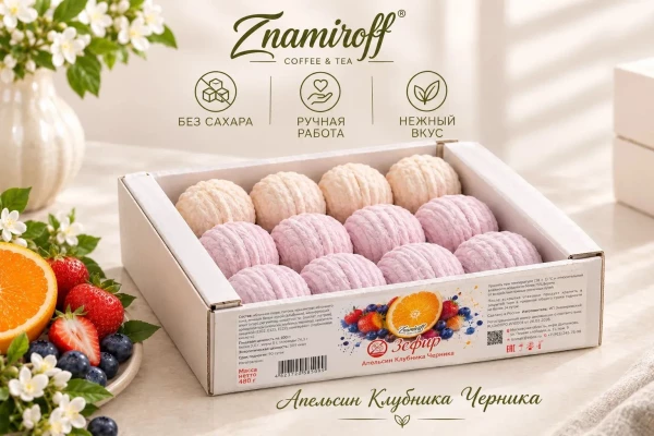 №1 Зефир БЕЗ САХАРА Ассорти №1(Апельсин-Клубника-Черника), 480г в Минеральных Водах